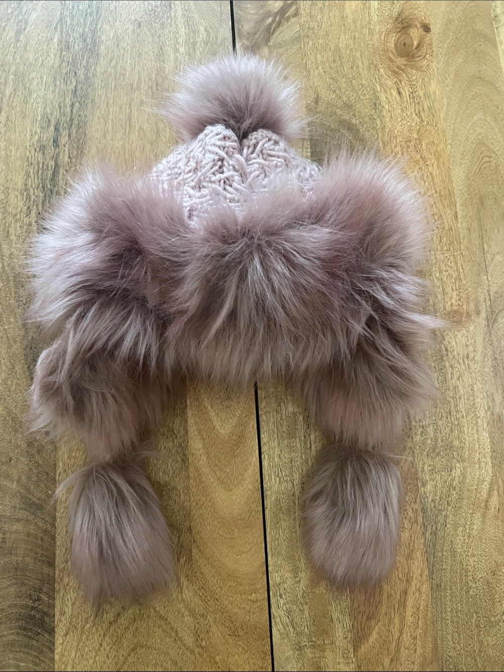 Women’s Faux Fur Pom Pom Knit Hat in Dusty Pink - Fleece Lined